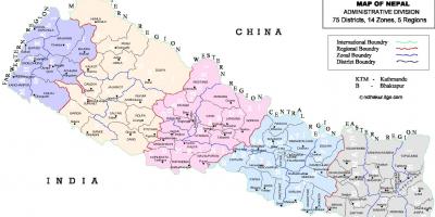 Nepál politickú mapu s okresov